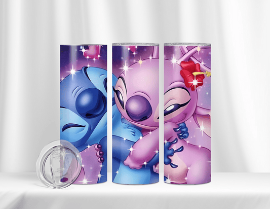 Two Lilo & Stitch themed tumblers placed side by side on a white surface, featuring vibrant colors and playful designs.